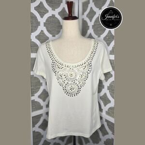 3/$30 Laura Ashley Cream Beaded Sequin Scoop Neck Short Sleeve Top Size PL